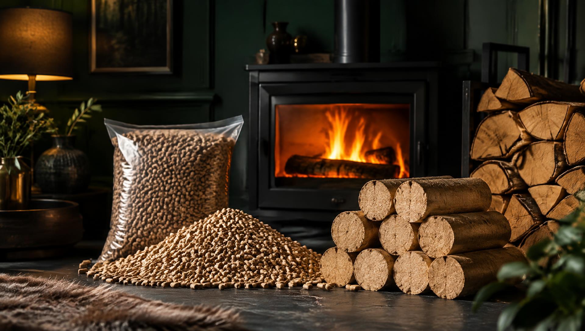 Holzpellets, Briketts und Brennholz vor einem Kaminofen